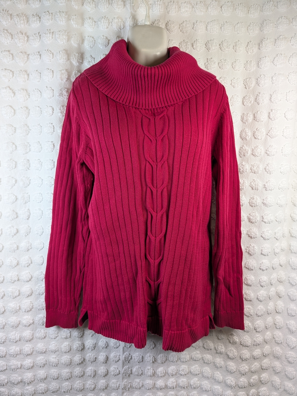 Red Cowl Neck Cable Knit Sweater Ribbed Pullover Sweater XL 100 Cotton Cabincore
